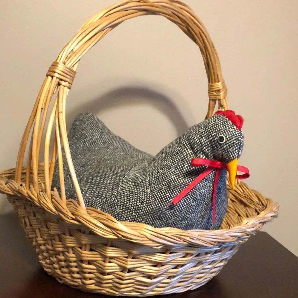 Vintage Estate Handmade Tweed Fabric Stuffed Hen + Wicker Basket